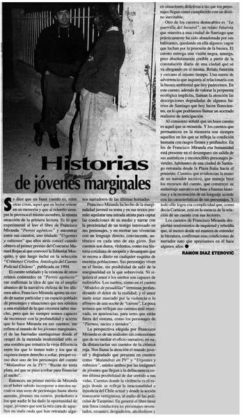 Historias de jóvenes marginales  [artículo] Ramón Díaz Eterovic.