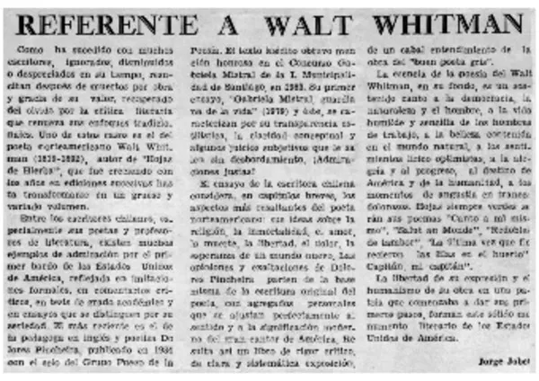 Referente a Walt Whitman  [artículo] Jorge Jobet.