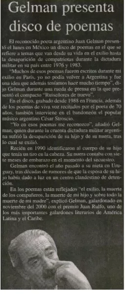 Gelman presenta disco de poemas.  [artículo]