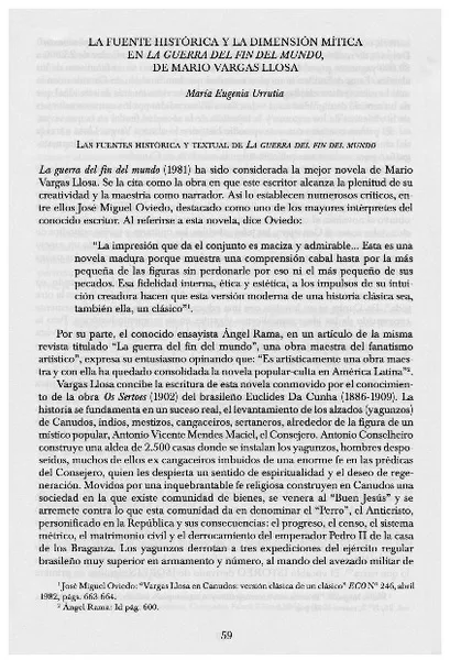 La fuente histórica y la dimensión mítica en La guerra del fin del mundo, de Mario Vargas Llosa  [artículo] María Eugenia Urrutia.