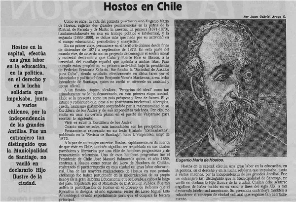 Hostos en Chile  [artículo] Juan Gabriel Araya G.