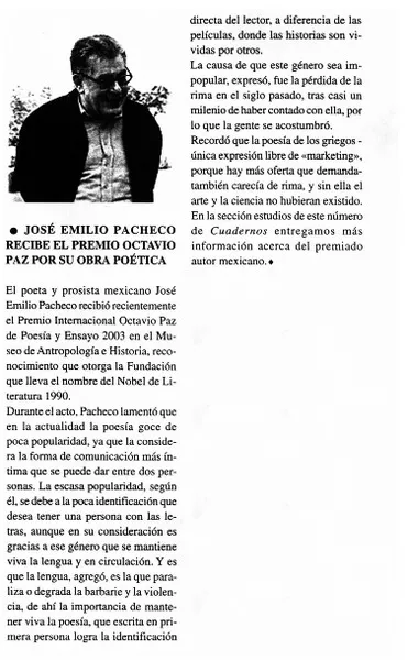 José Emilio Pacheco recibe el Premio Octavio Paz por su obra poética.  [artículo]