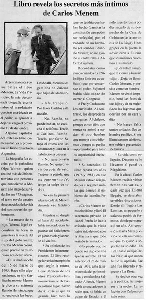 Libro revela los secretos más íntimos de Carlos Menem.  [artículo]