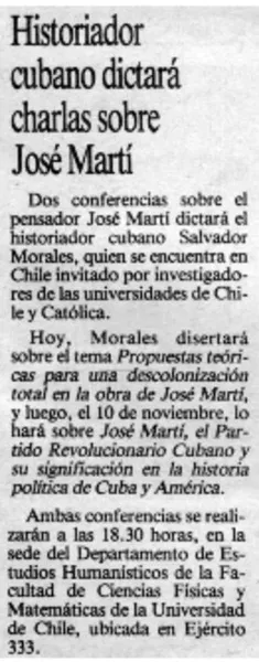 Historiador cubano dictará charlas sobre José Martí  [artículo]