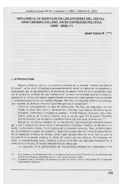 Influencia de Maritain en los orígenes del social-cristianismo chileno, en su expresión política (1930-1950)  [artículo] Jaime Caiceo E.