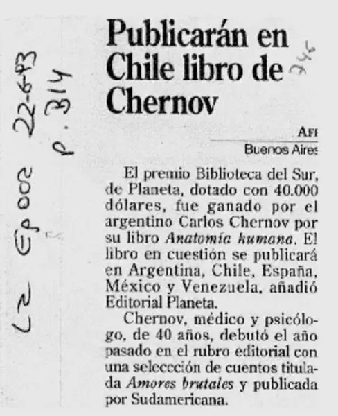 Publicarán en Chile libro de Chernov.  [artículo]