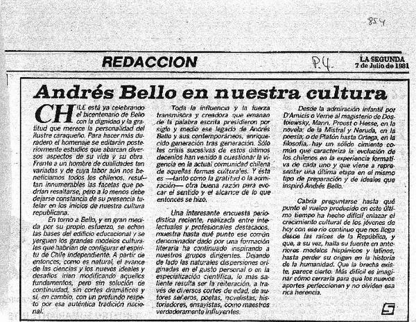 Andrés Bello en nuestra cultura.  [artículo]