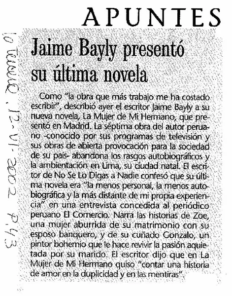 Jaime Bayly presentó su última novela.  [artículo]