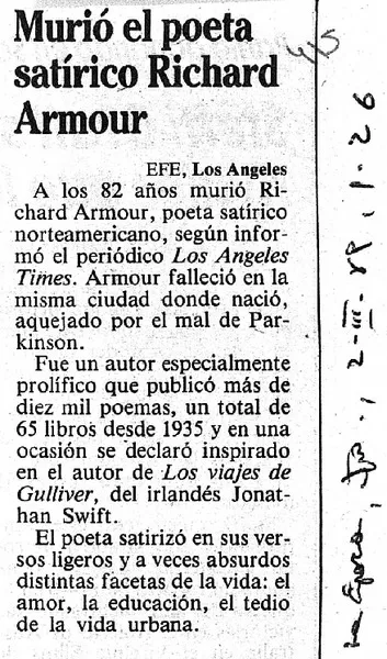 Murió el poeta satírico Richard Armour.  [artículo]
