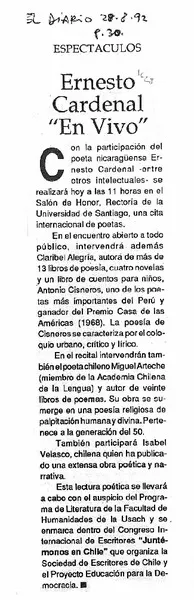 Ernesto Cardenal "en vivo".  [artículo]