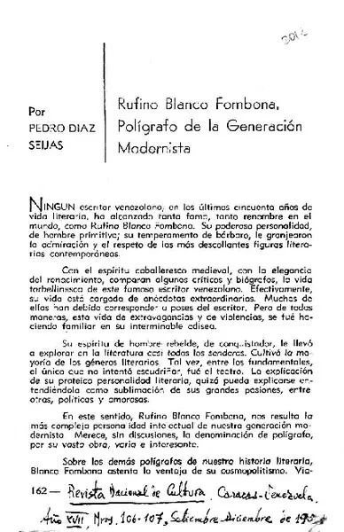 Rufino Blanco Fombona, polígrafo de la generación modernista  [artículo] Pedro Díaz Seijas.