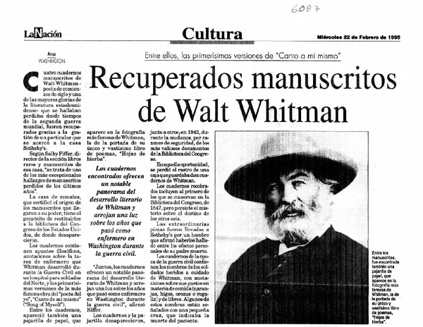 Recuperados manuscritos de Walt Whitman.  [artículo]