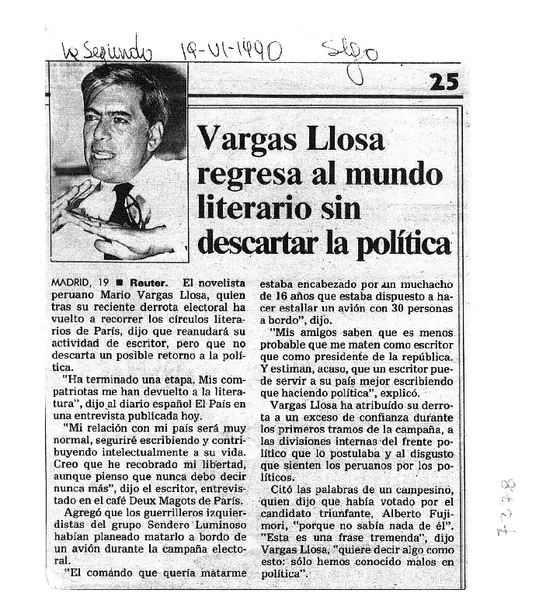 Vargas Llosa regresa al mundo literario sin descartar la política.  [artículo]