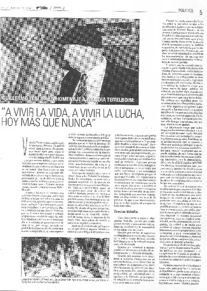 "A vivir la vida, a vivir la lucha, hoy más que nunca"  [artículo] Guillermo Teillier.
