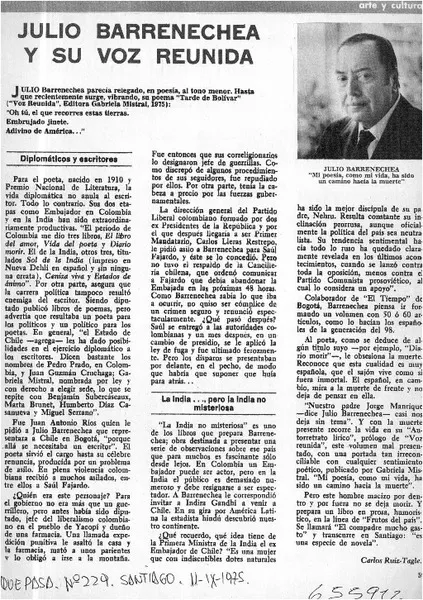 Julio Barrenechea y su voz reunida.  [artículo] Carlos Ruiz-Tagle.