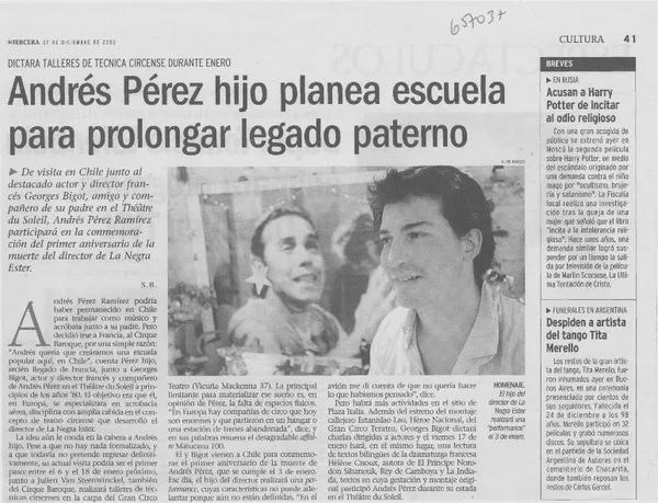 Andrés Pérez hijo planea escuela para prolongar legado paterno  [artículo] S. B.