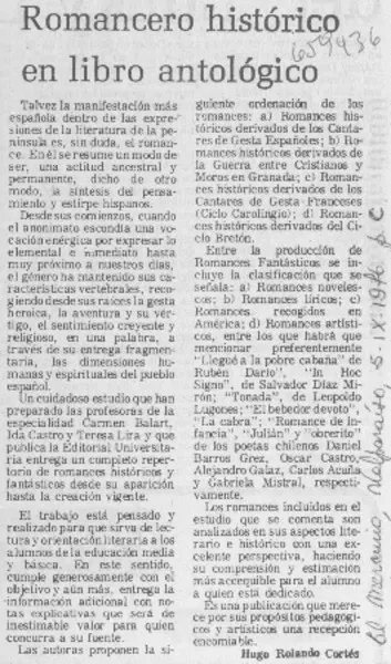 Romancero histórico en libro antológico  [artículo] Hugo Rolando Cortés.