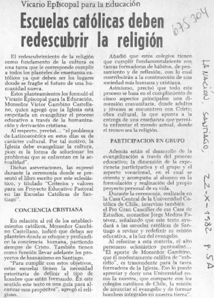 Escuelas católicas deben redescubrir la religión.  [artículo]