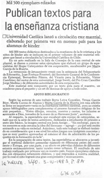 Publican textos para la enseñanza cristiana.  [artículo]