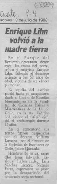 Enrique Lihn volvió a la madre tierra.  [artículo]