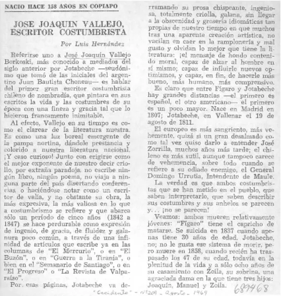 José Joaquín Vallejo, escritor costumbrista  [artículo] Luis Hernández.