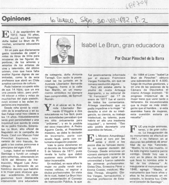 Isabel Le Brun, gran educadora  [artículo] Oscar Pinochet de la Barra.