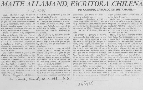 Maité Allamand, escritora chilena  [artículo] Catalina Carrasco de Bustamante.