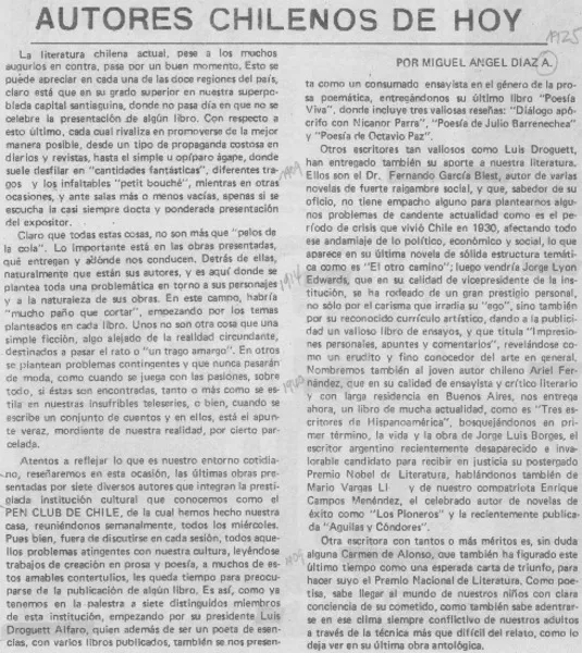 Autores chilenos de hoy  [artículo] Miguel Angel Díaz A.