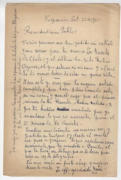 [Carta] 1955 sep. 28, Valparaíso, Chile [al] Director de la Gaceta de Chile  [manuscrito] Zoilo Escobar.