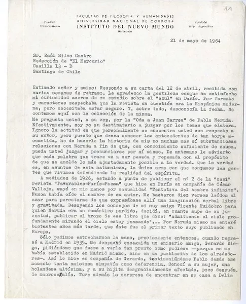 [Carta] 1964 mayo 21, Córdoba, Argentina [a] Raúl Silva Castro  [manuscrito] Juan Larrea.