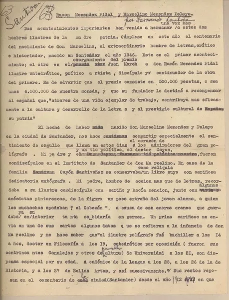 Ramón Menéndez Pidal y Marcelino Menéndez Pelayo  [manuscrito] Fernando Santiván.