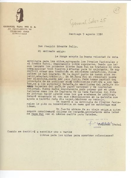 [Carta] 1950 ago. 9, Santiago, Chile [a] Joaquín Edwards Bello  [manuscrito] Francesc Trabal i Benessat.