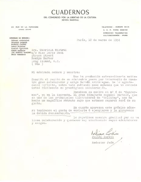 [Carta] 1954 mar. 12, París, Francia [a] Gabriela Mistral, Long Island, New York  [manuscrito] Julián Gorkin.