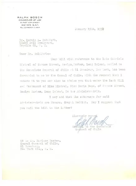 [Carta] 1957 jan. 15, New York [a] Dr. Martin L. Goldfarb, New York  [manuscrito] Ralph Bosch.