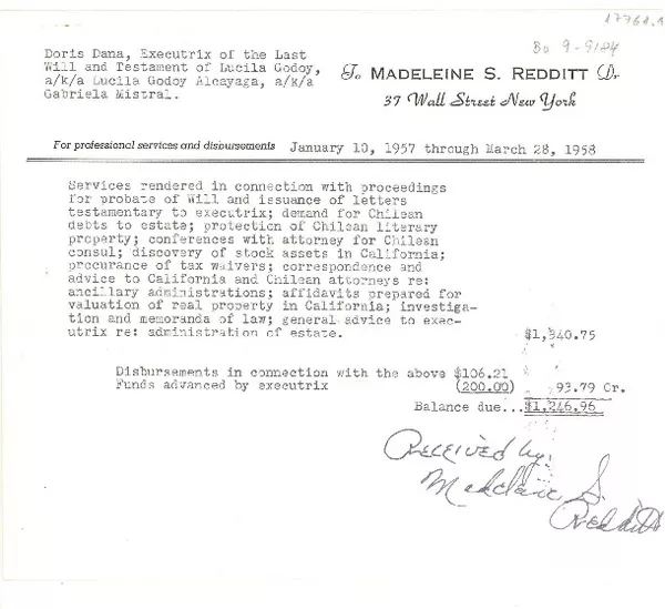 [Carta] 1958 mar. 28, New York [a] Doris Dana, [New York]  [manuscrito] Madeleine S. Redditt.