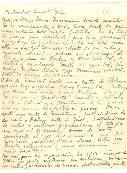 [Carta] 1957 ene. 15, Montevideo, Uruguay [a] Doris Dana, [New York]  [manuscrito] Esther de Cáceres.