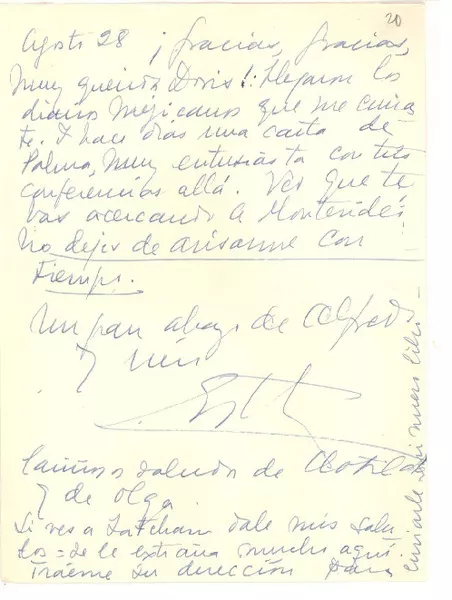 [Carta] 1960, ago. 28, [Montevideo, Uruguay] [al] Doris Dana, [New YorK]  [manuscrito] Esther de Cáceres.