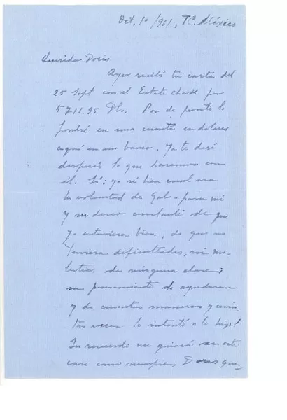 [Carta], 1961 oct. 1, México [a] Doris Dana, [New York]  [manuscrito] Palma Guillén de Nicolau.