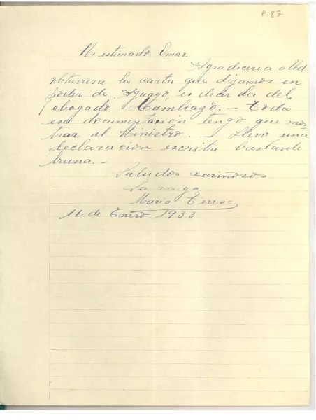 [Carta] 1933 ene. 16, [San Carlos], [Chile] [a] Omar Cáceres  [manuscrito] María Teresa.