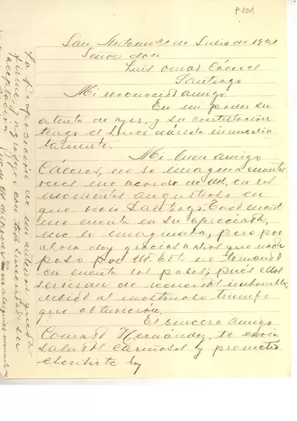 [Carta] 1931 jul. 32, San Antonio, Chile [a] Omar Cáceres, Santiago, Chile  [manuscrito] Previsto Baeza D..