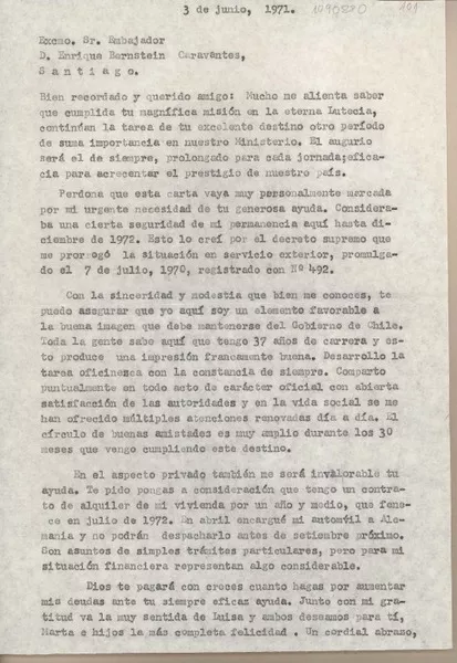 [Carta] 1971 junio 3, [Cordoba] [a] Enrique Bernstein Carabantes, Santiago [Chile]  [manuscrito] Juan Mujica de la Fuente.