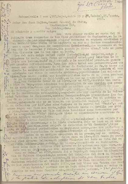 [Carta] 1963 agosto 15, La Habana, Cuba [a] Juan Mujica, Lima, Perú  [manuscrito] José María Chacón y Calvo.