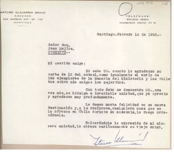 [Carta] 1960 febrero 16, Santiago, Chile [a] Juan Mujica, Arequipa, Perú  [manuscrito] Arturo Olavarría Bravo.