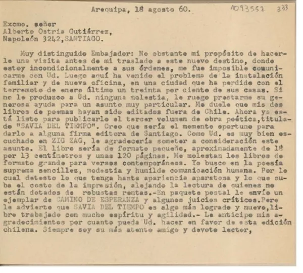 [Carta] 1960 agosto 18, Arequipa, Perú [a] Alberto Ostria Gutiérrez, Santiago, Chile  [manuscrito] Juan Mujica de la Fuente.