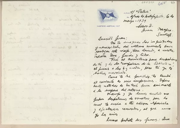 [Carta] 1939 mayo 6, a bordo de "Patria", Antofagasta, Chile [a] Juan Mujica, Santiago  [manuscrito] Edgardo Garrido Merino.