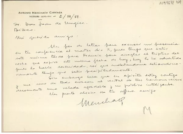 [Carta] 1951 marzo 2, Neguri, España [a] Juan Mujica de la Fuente, Bilbao  [manuscrito] Antonio Menchaca Careaga.
