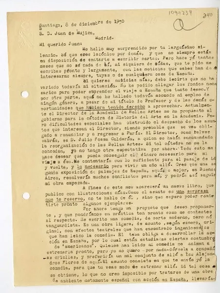 [Carta] 1930 diciembre 8, Santiago, Chile [a] Juan Mujica de la Fuente  [manuscrito] Héctor Aravena.