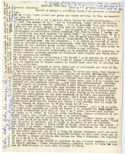 [Carta] 1960 diciembre 1, Santiago, Chile [a] Humberto Díaz-Casanueva  [manuscrito] Francisca Ossandón.