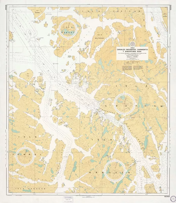 Canales Inocentes, Sarmiento y Angostura Guía  [material cartográfico] por el Servicio Hidrográfico y Oceanográfico de la Armada de Chile.