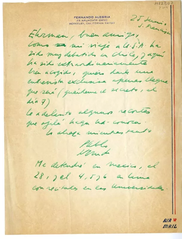 [Carta] [1964] junio 25, San Francisco, [Estados Unidos] [a] Hans Ehrmann  [manuscrito] Pablo Neruda.